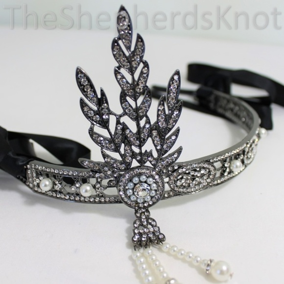 New 1920s Flapper Bride Headband Tiara Cream Black - Picture 3 of 9